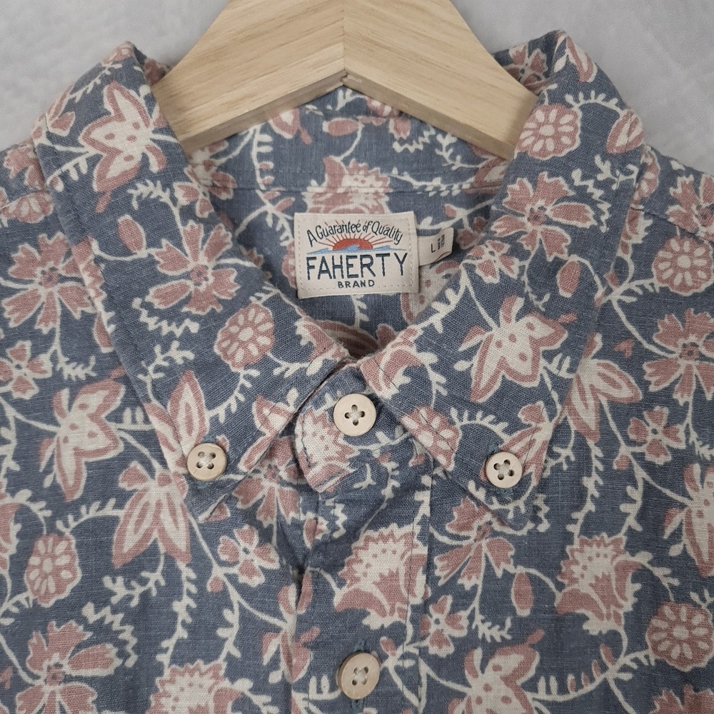 Faherty Breeze Shirt Mens Large Blue Floral Hemp Blend Short Sleeve Button Up